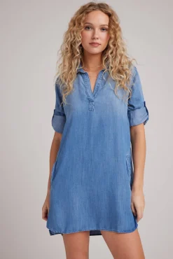 Bella Dahl A-Line Rolled Tab Sleeve Dress - Medium Ombre Wash- Short Dresses