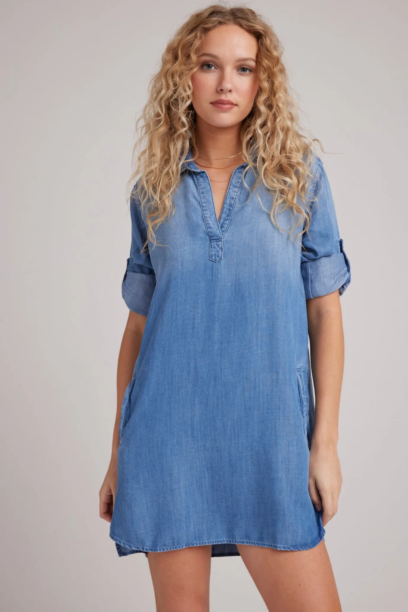 Bella Dahl A-Line Rolled Tab Sleeve Dress - Medium Ombre Wash- Short Dresses