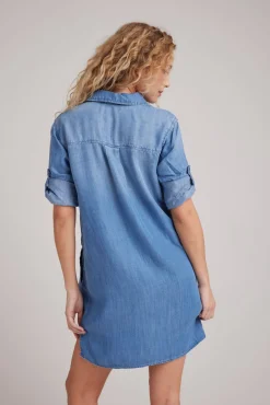 Bella Dahl A-Line Rolled Tab Sleeve Dress - Medium Ombre Wash- Essentials Dresses