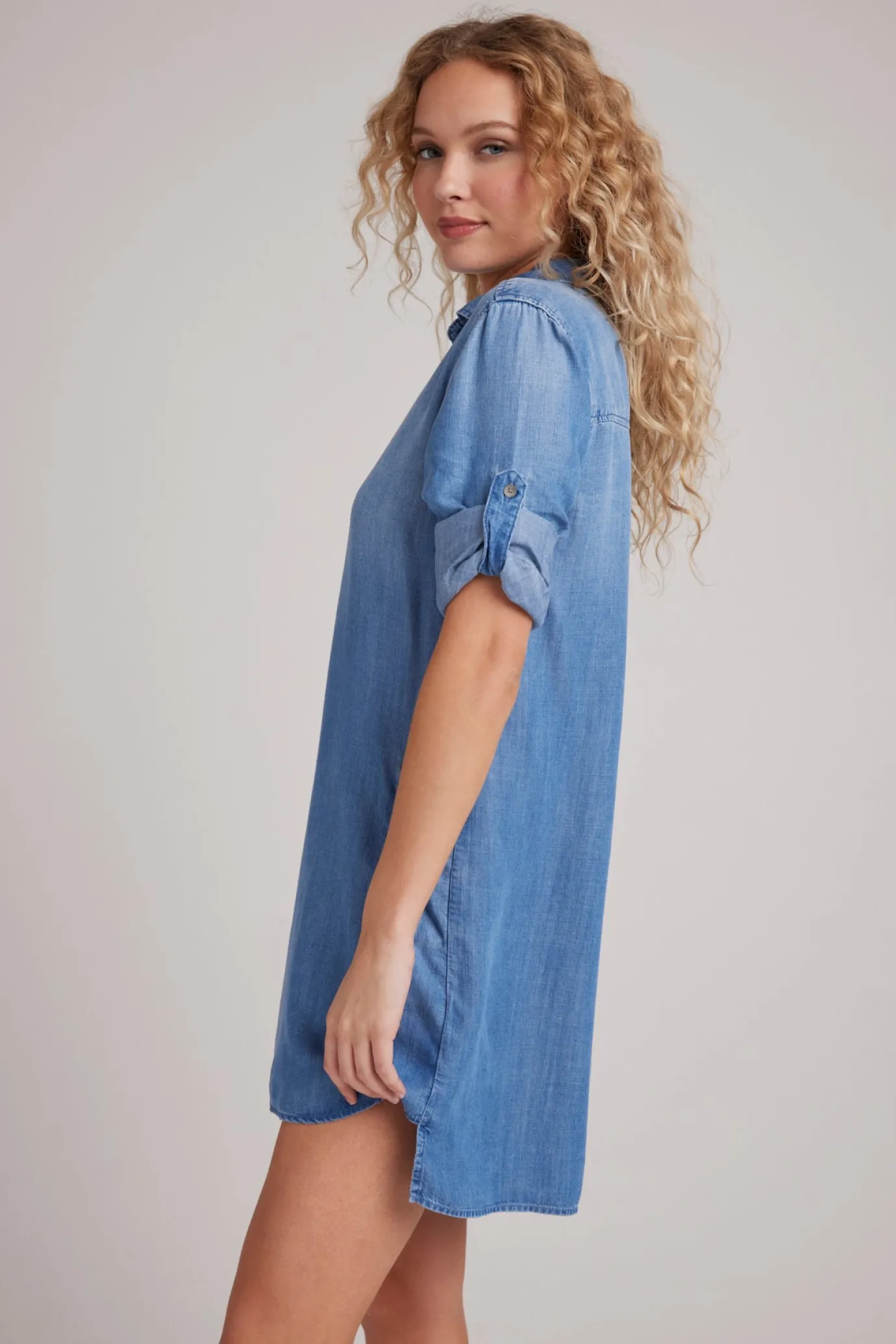 Bella Dahl A-Line Rolled Tab Sleeve Dress - Medium Ombre Wash- Essentials Dresses