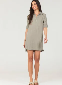 Bella Dahl A-Line Rolled Tab Sleeve Dress - Soft Army- Short Dresses