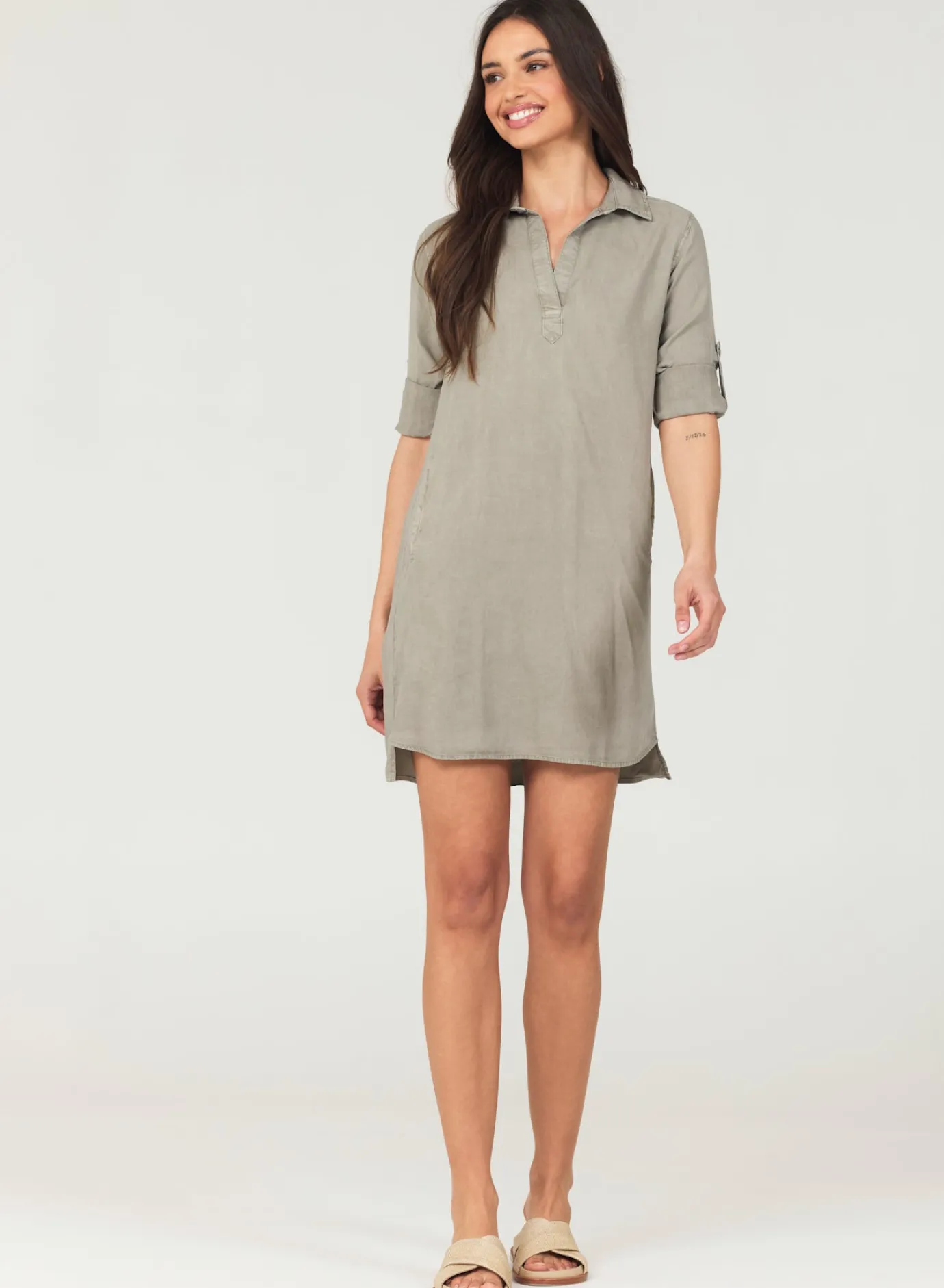 Bella Dahl A-Line Rolled Tab Sleeve Dress - Soft Army- Short Dresses