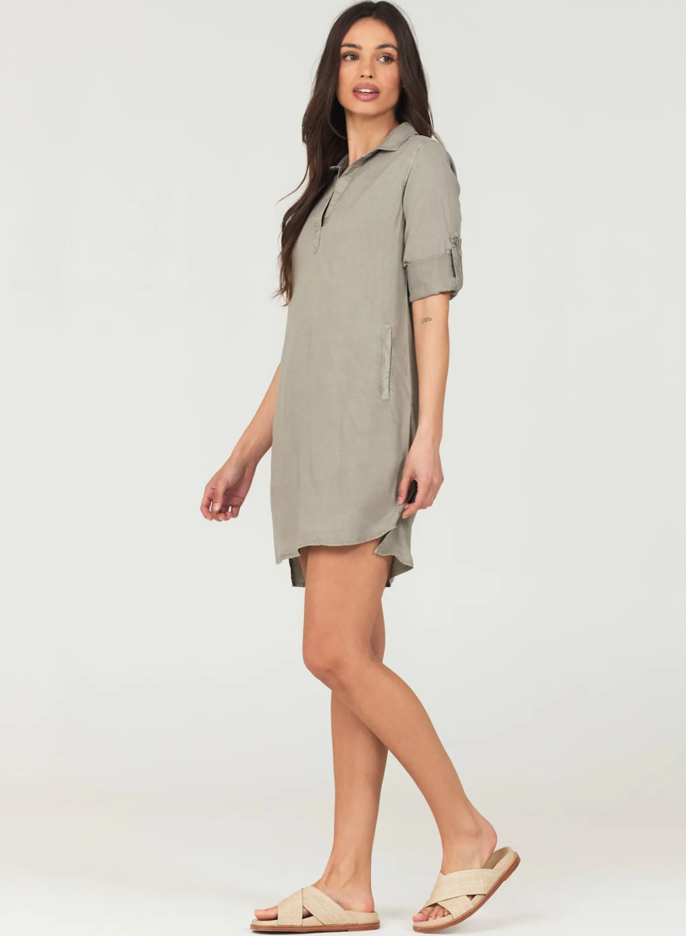 Bella Dahl A-Line Rolled Tab Sleeve Dress - Soft Army- Short Dresses