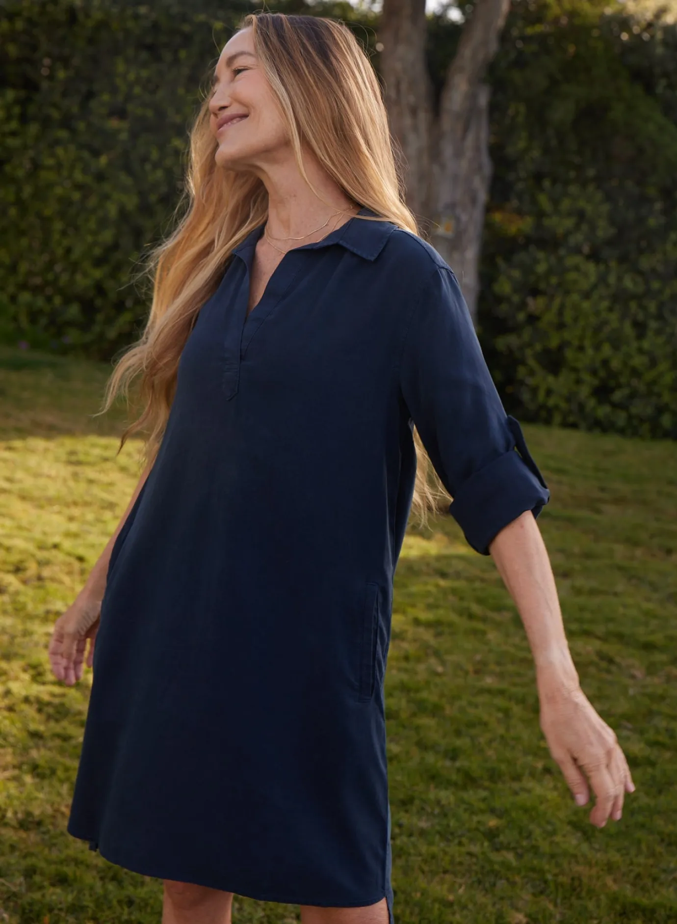 Bella Dahl A-Line Rolled Tab Sleeve Dress - Endless Sea- Essentials Dresses