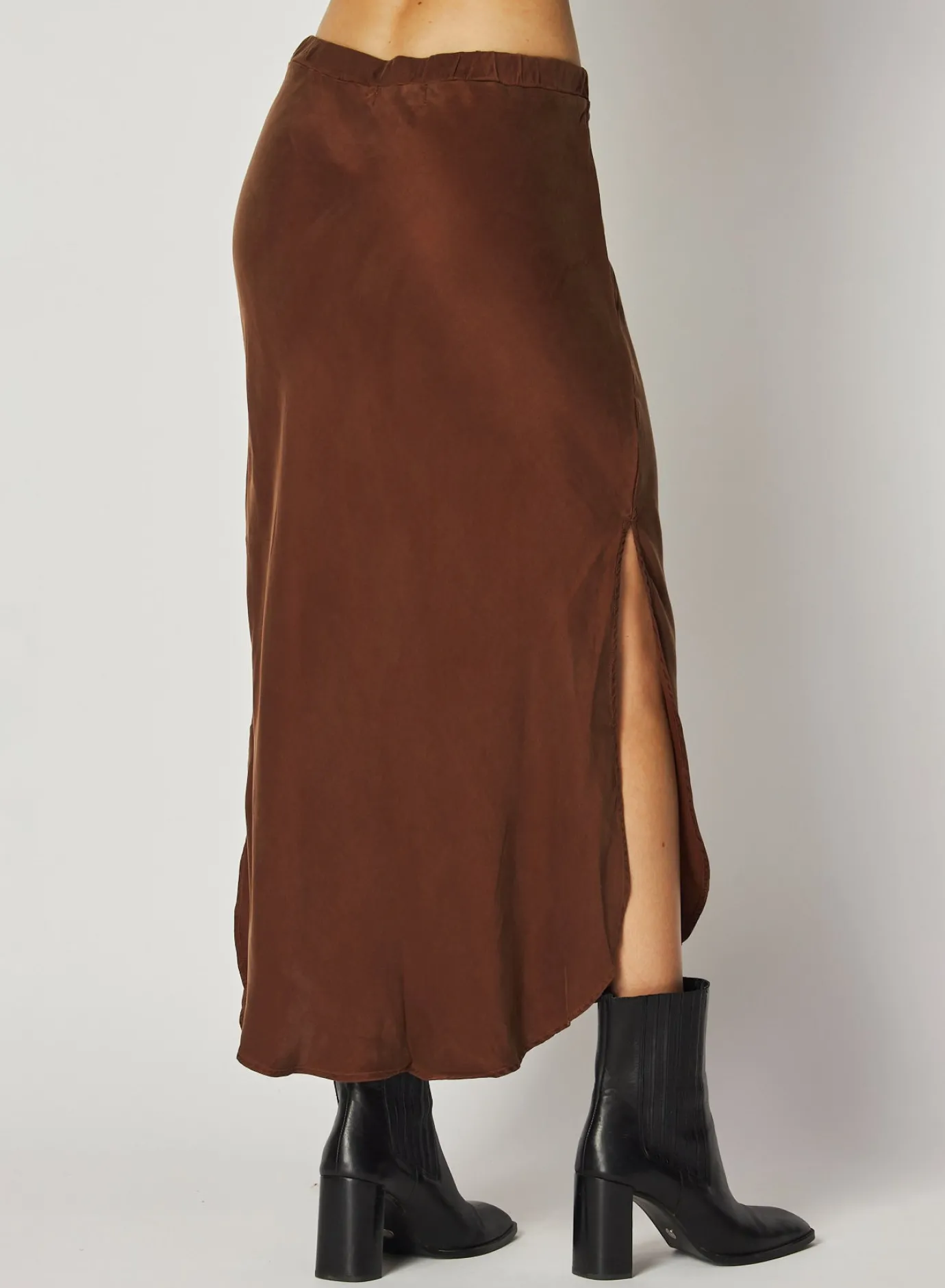 Bella Dahl Asymmetric Side Slit Bias Skirt - Mahogany Brown- Skirts