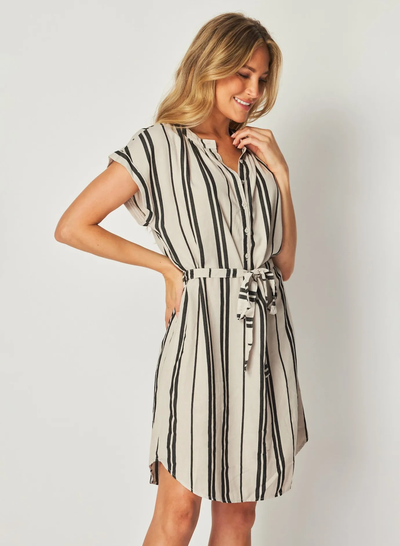 Bella Dahl Belted Cap Sleeve Dress - Soft Ecru- Short Dresses