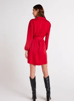 Bella Dahl Belted Pullover Shirt Dress - Cherry Red- Essentials Dresses