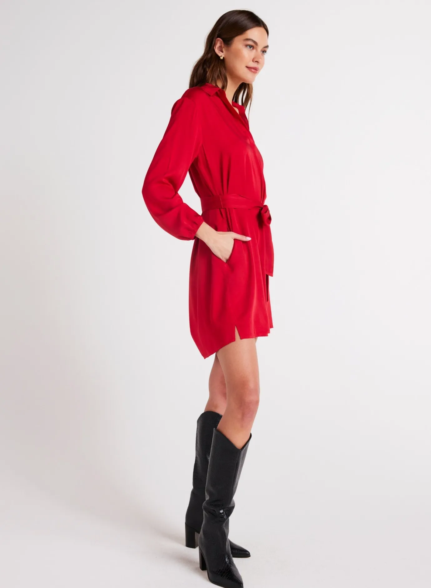 Bella Dahl Belted Pullover Shirt Dress - Cherry Red- Essentials Dresses