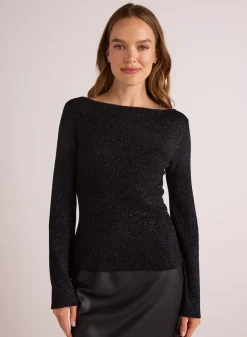 Bella Dahl Boatneck Long Sleeve Sweater - Black with Metallic- Sweaters