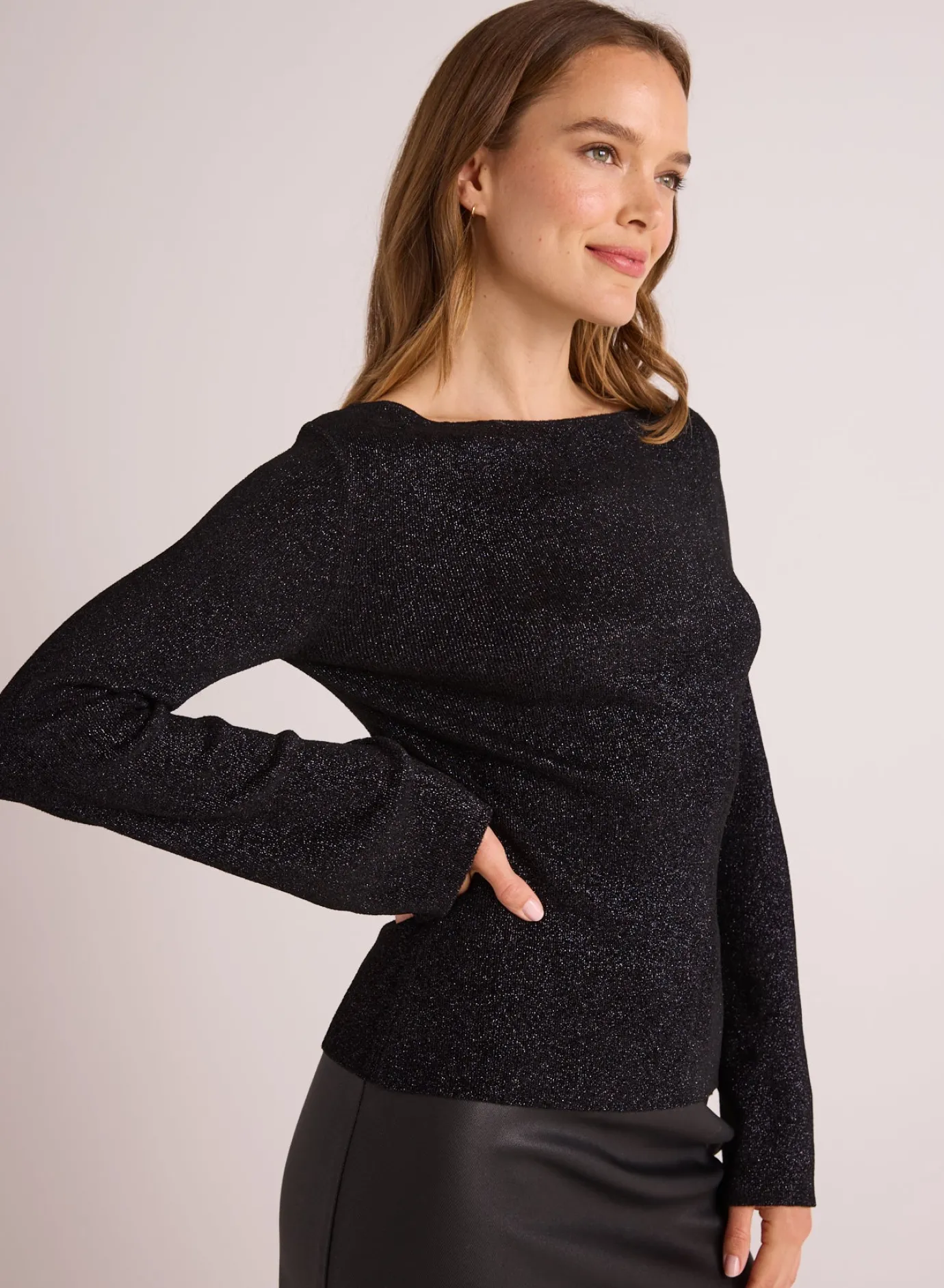 Bella Dahl Boatneck Long Sleeve Sweater - Black with Metallic- Sweaters
