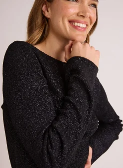 Bella Dahl Boatneck Long Sleeve Sweater - Black with Metallic- Sweaters