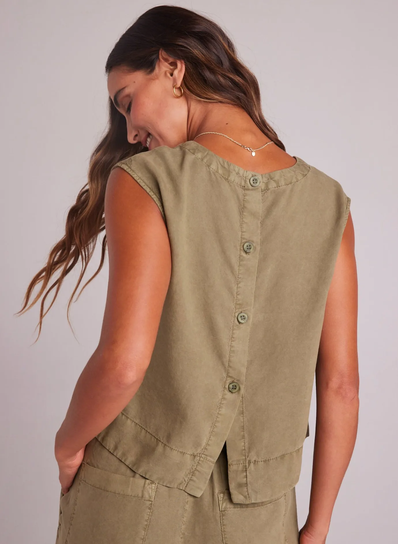 Bella Dahl Boxy Button Back Top - French Olive- Sleeveless