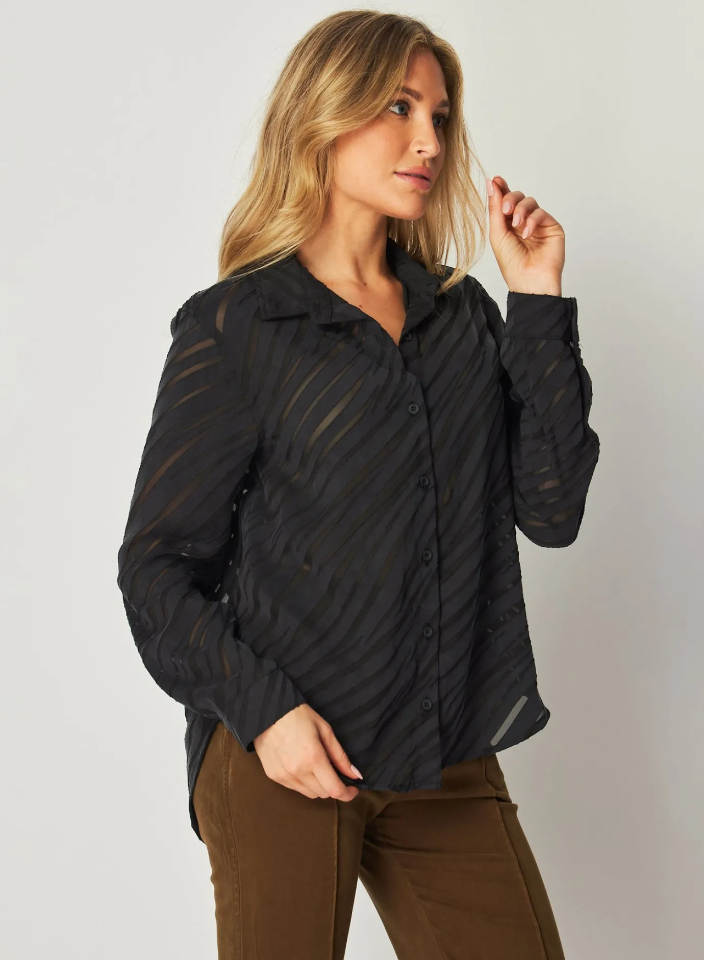 Bella Dahl Burn Out Button Down Shirt - Black Zebra- Long Sleeve