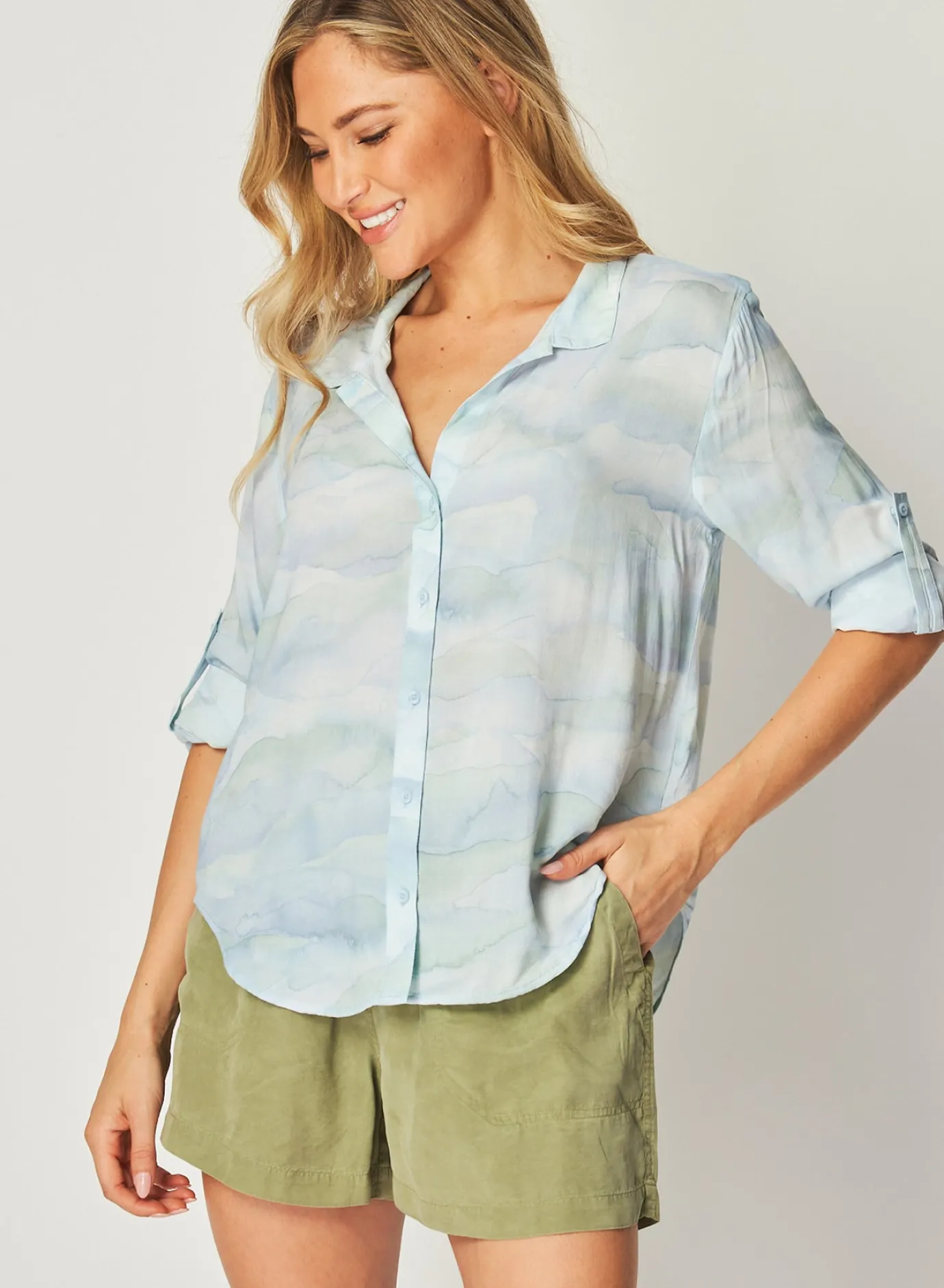 Bella Dahl Capri Button Down Shirt - Waves Camo Print- Button Down