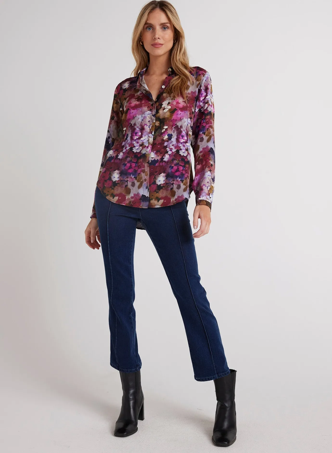 Bella Dahl Clean Front Hipster Shirt - Twilight Fleur Print- Button Down