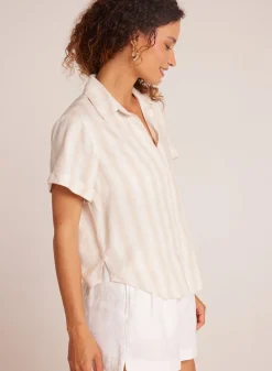 Bella Dahl Cuffed Short Sleeve Shirt - Playa Sand Stripe- Button Down