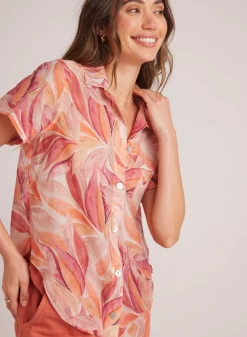 Bella Dahl Cuffed Short Sleeve Shirt - Painted Leaves Print- Short Sleeve