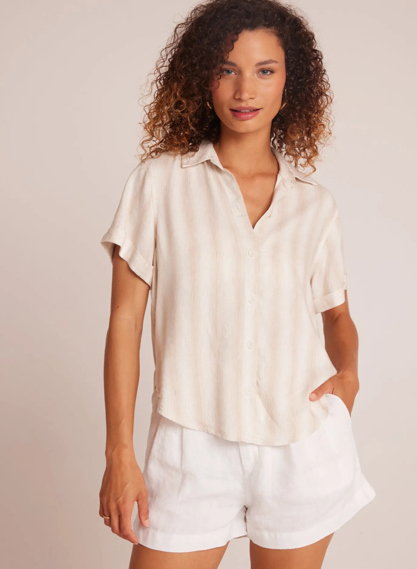 Bella Dahl Cuffed Short Sleeve Shirt - Playa Sand Stripe- Short Sleeve