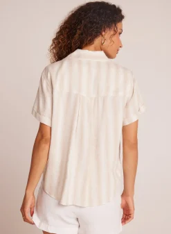 Bella Dahl Cuffed Short Sleeve Shirt - Playa Sand Stripe- Short Sleeve