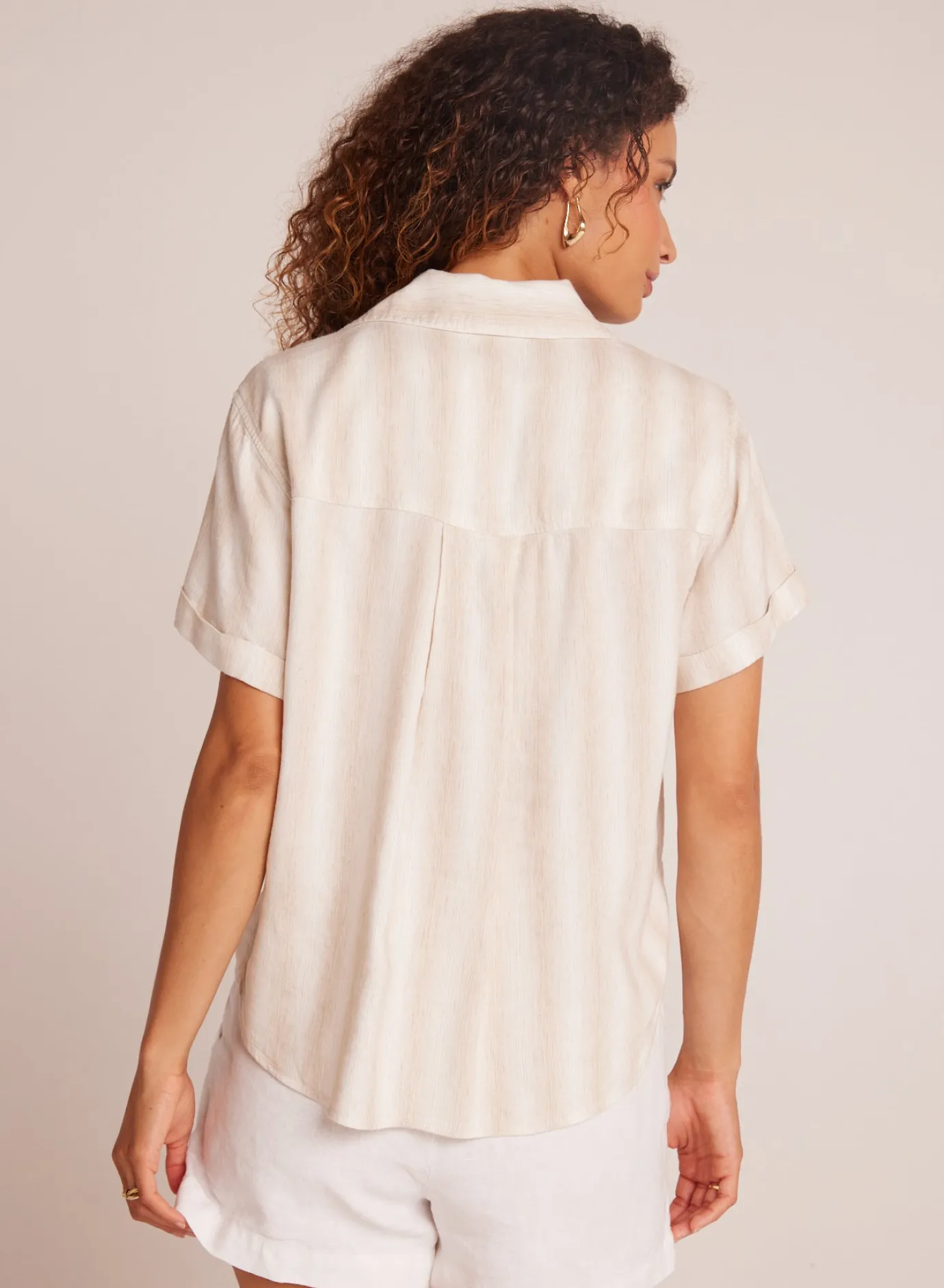 Bella Dahl Cuffed Short Sleeve Shirt - Playa Sand Stripe- Short Sleeve