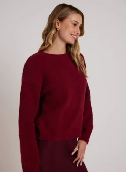 Bella Dahl Drop Shoulder Fuzzy  Chenille Sweater - Deep Plum- Sweaters