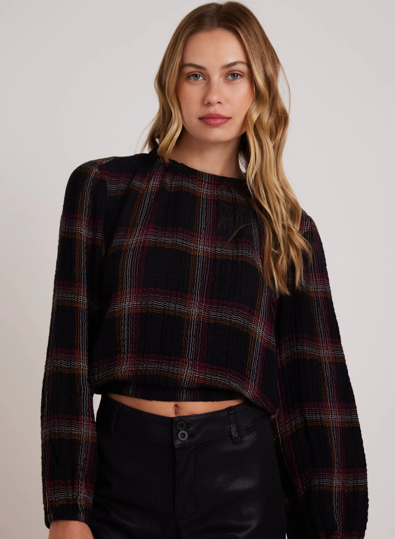 Bella Dahl Elastic Shirred Top - Autumn Sunset Plaid- Long Sleeve