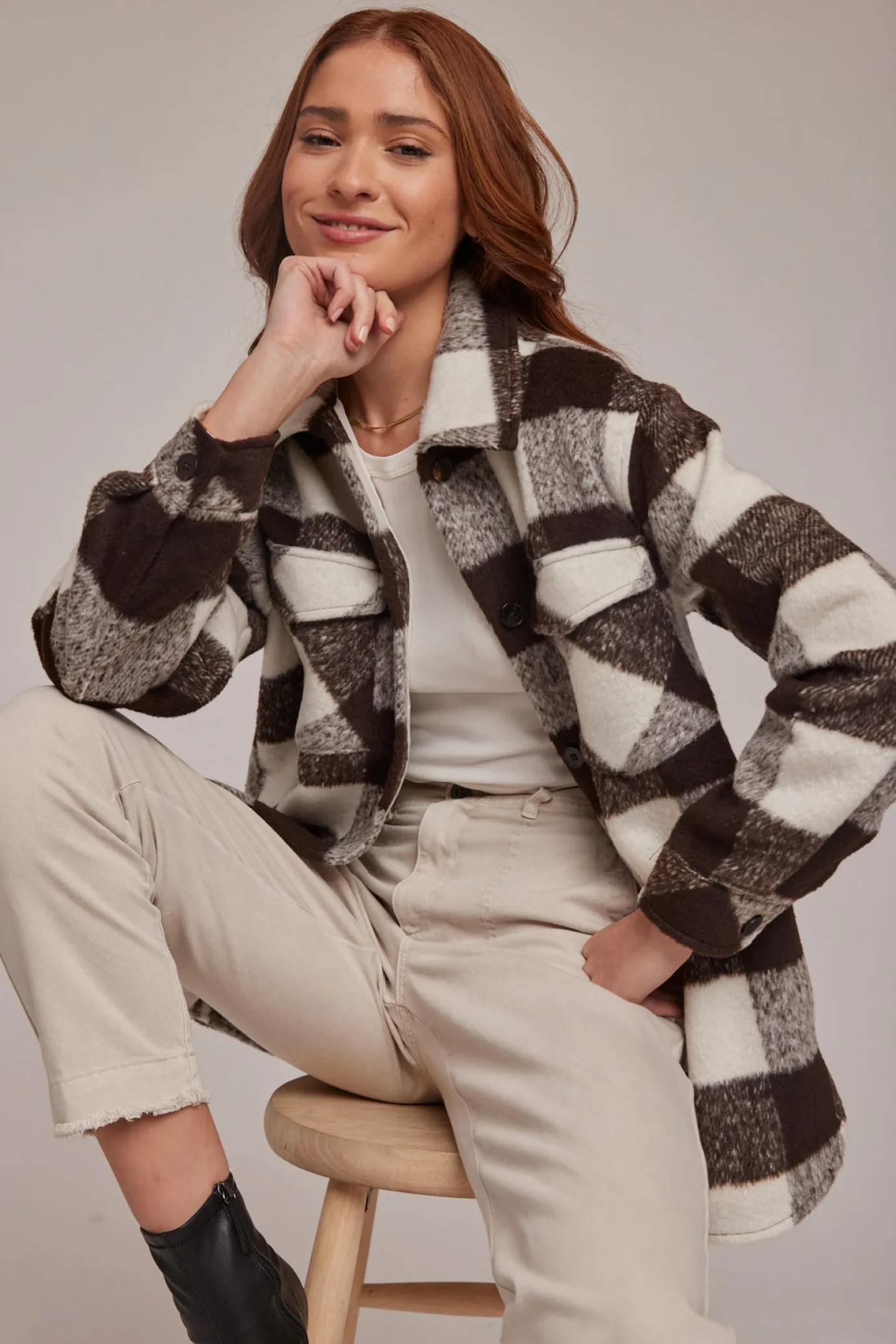 Bella Dahl Flap Pocket Shacket - Dark Cocoa Check- Outerwear