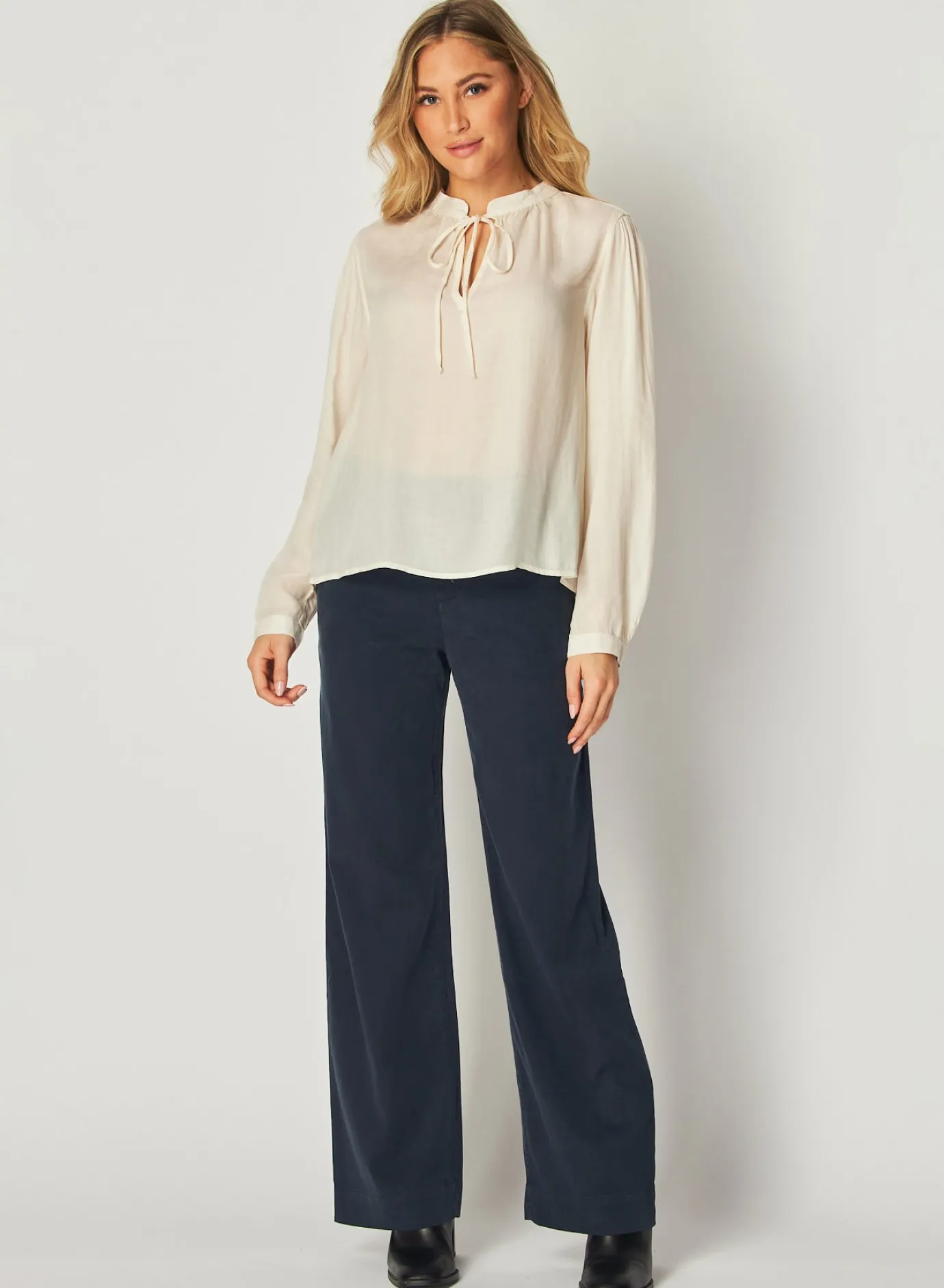 Bella Dahl Flowy Tie Neck Pullover - Ivory Pearl- Long Sleeve