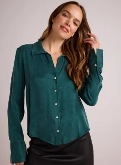 Bella Dahl Flowy Wide Collar Button Down - Hunter Pine- Long Sleeve