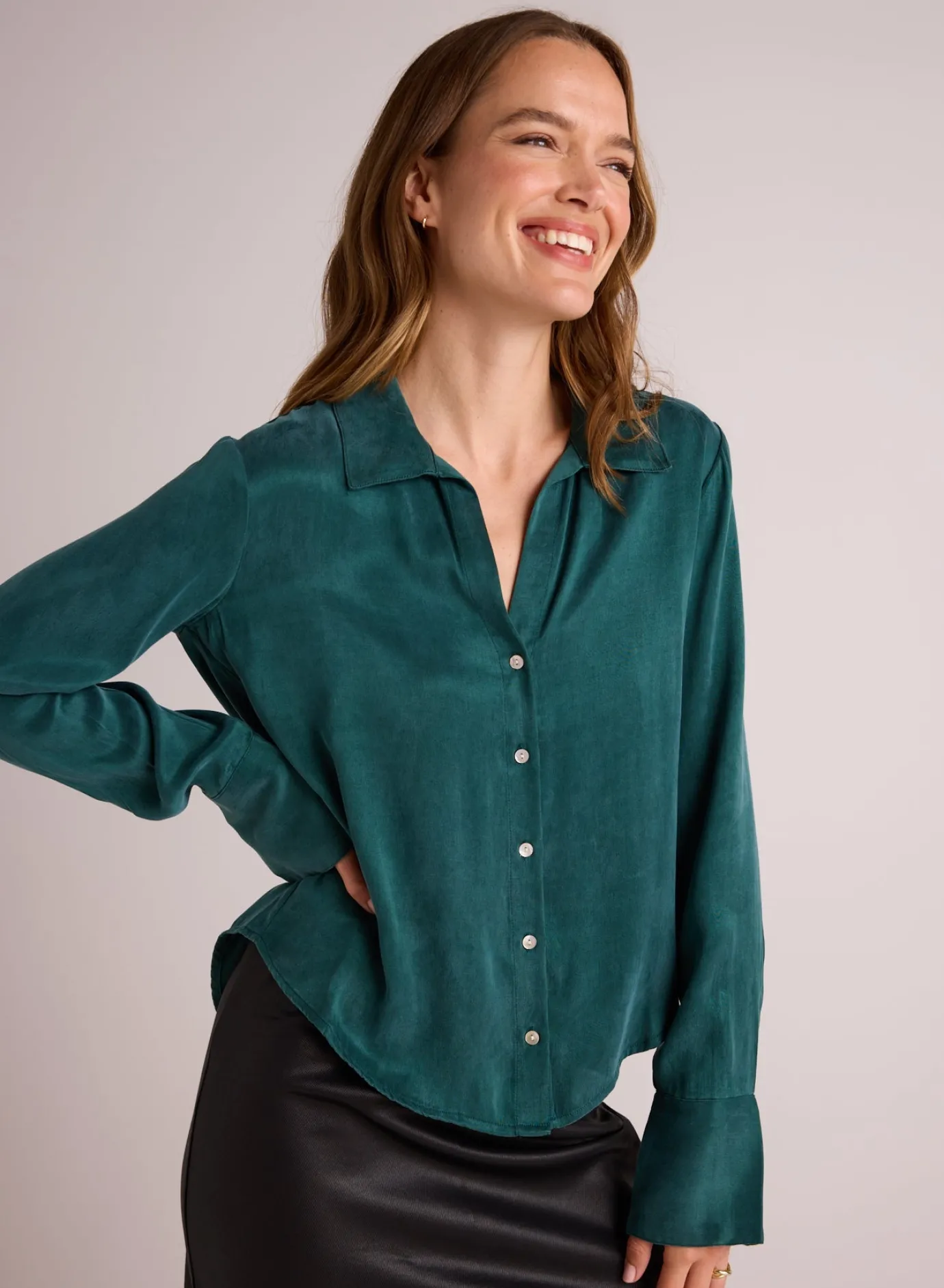 Bella Dahl Flowy Wide Collar Button Down - Hunter Pine- Long Sleeve