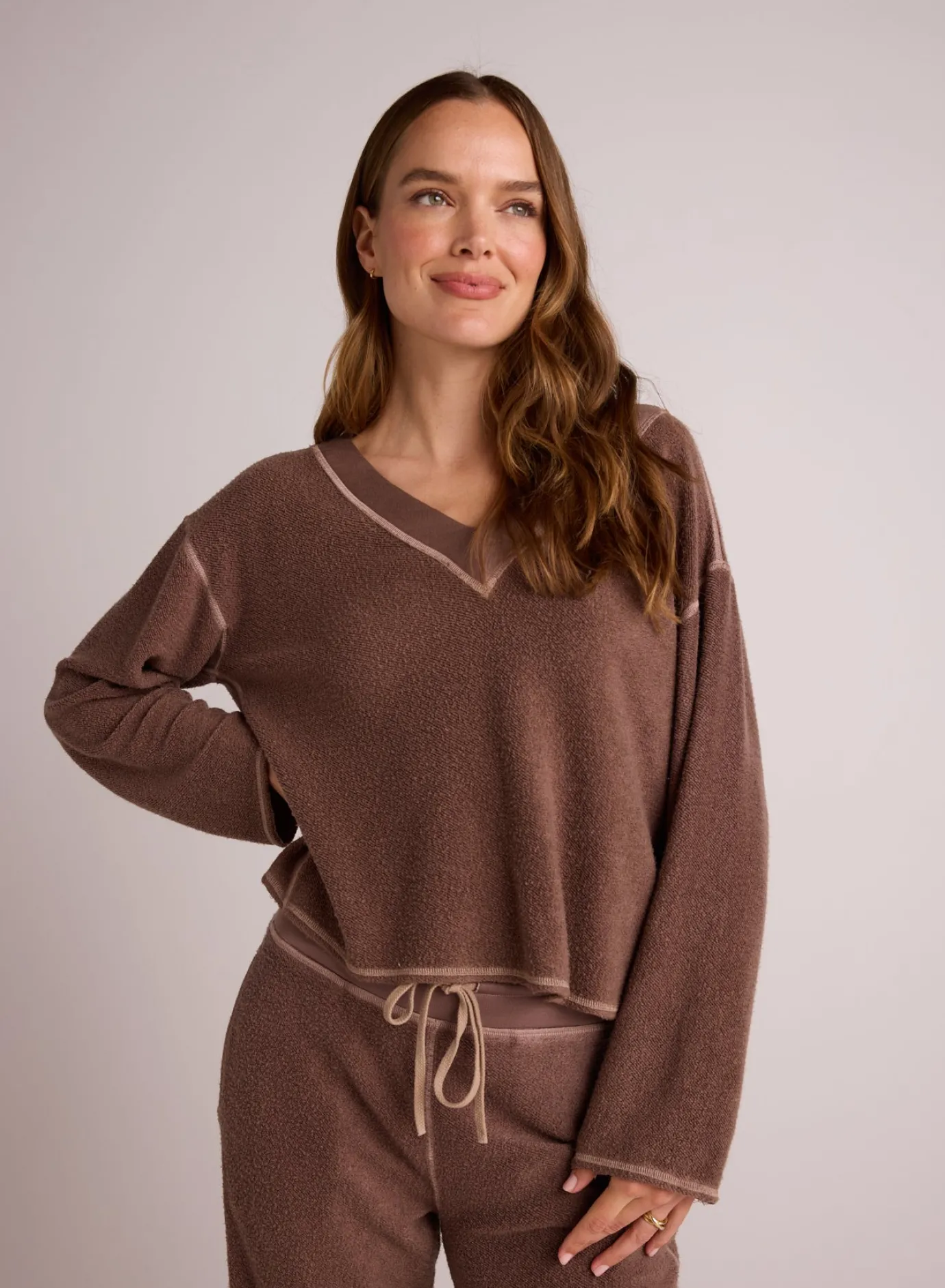 Bella Dahl French Terry Bell Sleeve V-Neck Pullover - Mocha Mist- Long Sleeve