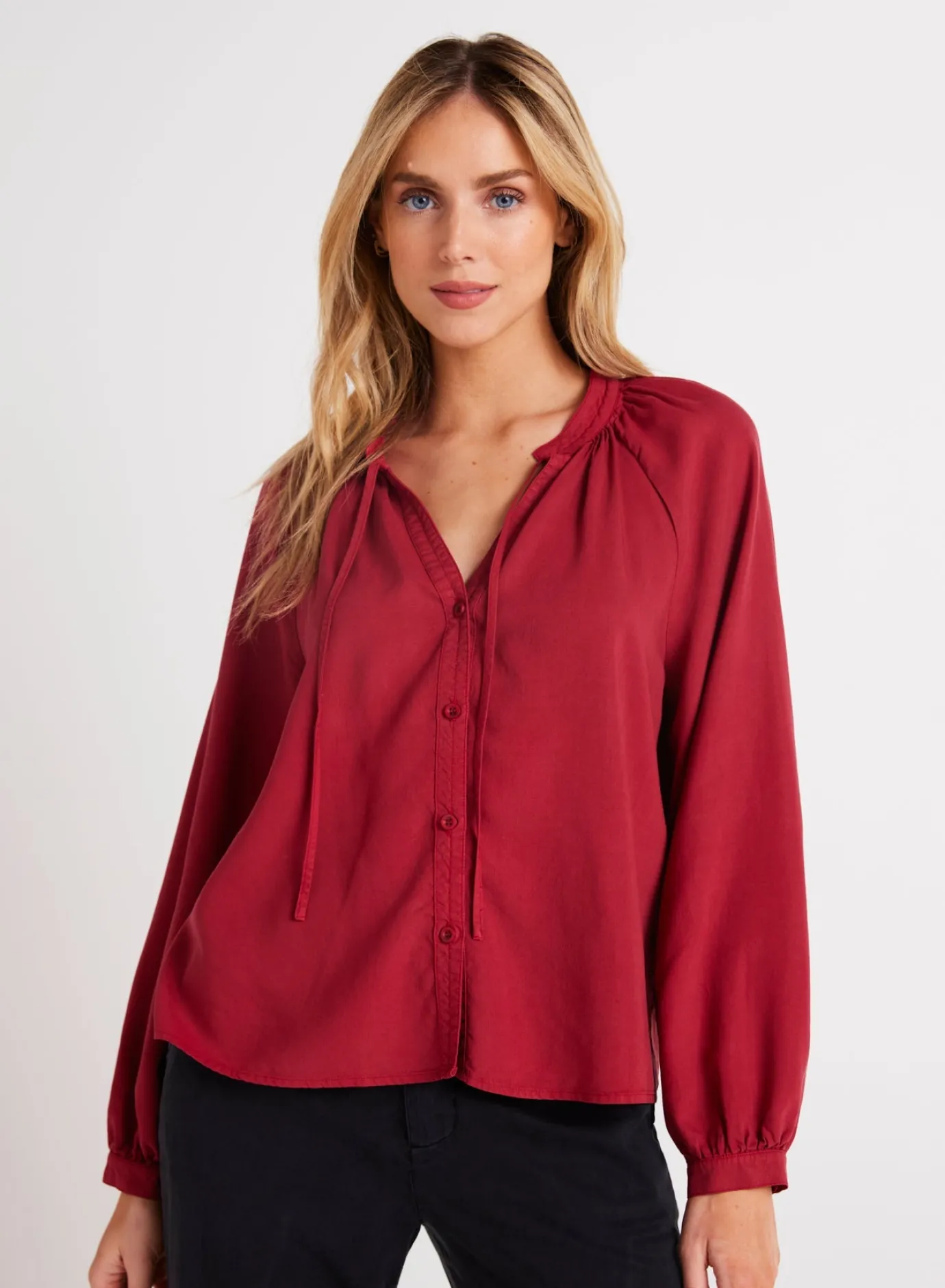 Bella Dahl Full Sleeve Raglan Button Down - Ruby Red- Button Down