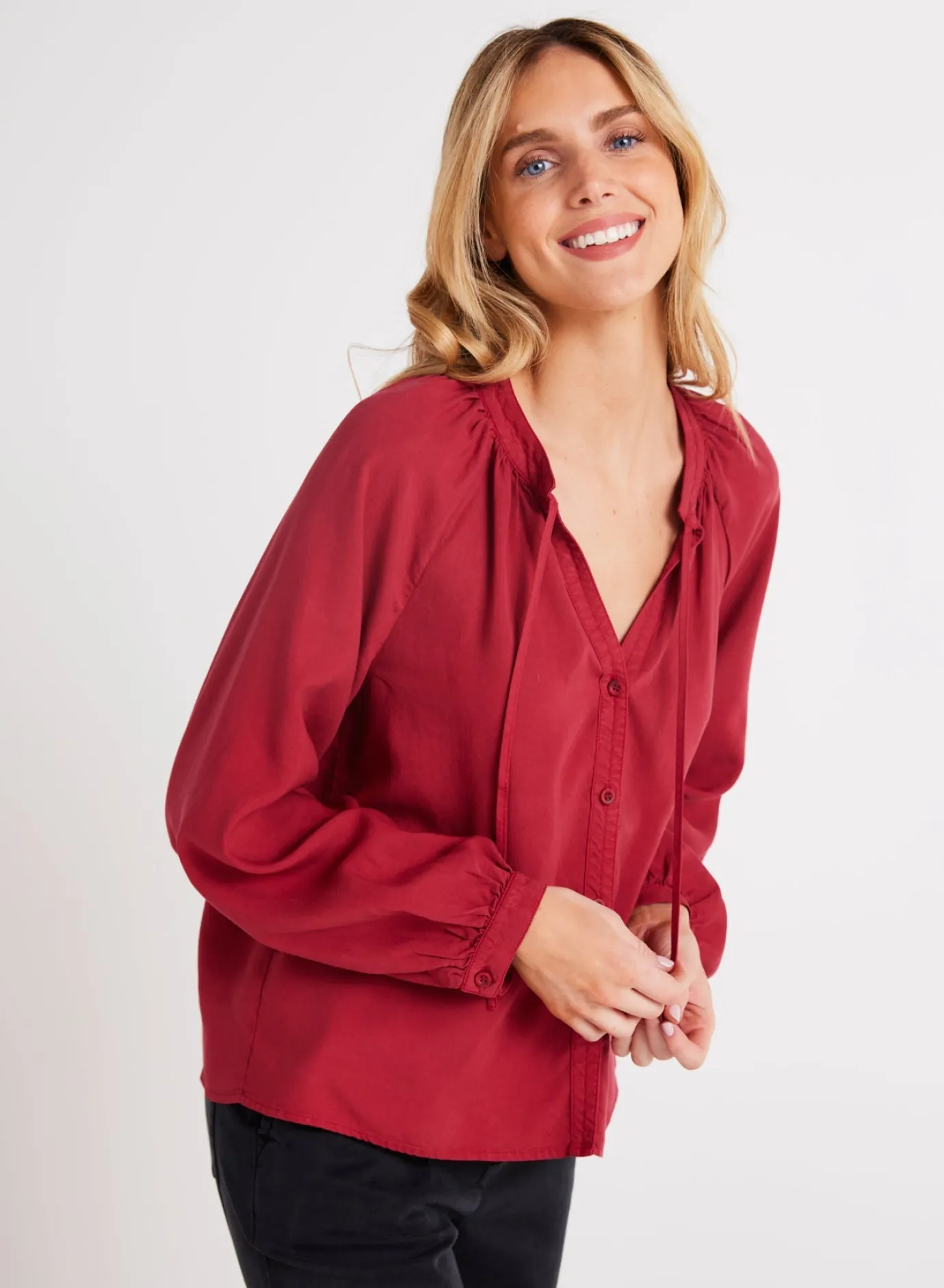 Bella Dahl Full Sleeve Raglan Button Down - Ruby Red- Long Sleeve