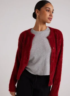 Bella Dahl Fuzzy Crew Neck Cardigan - Ruby Red- Sweaters