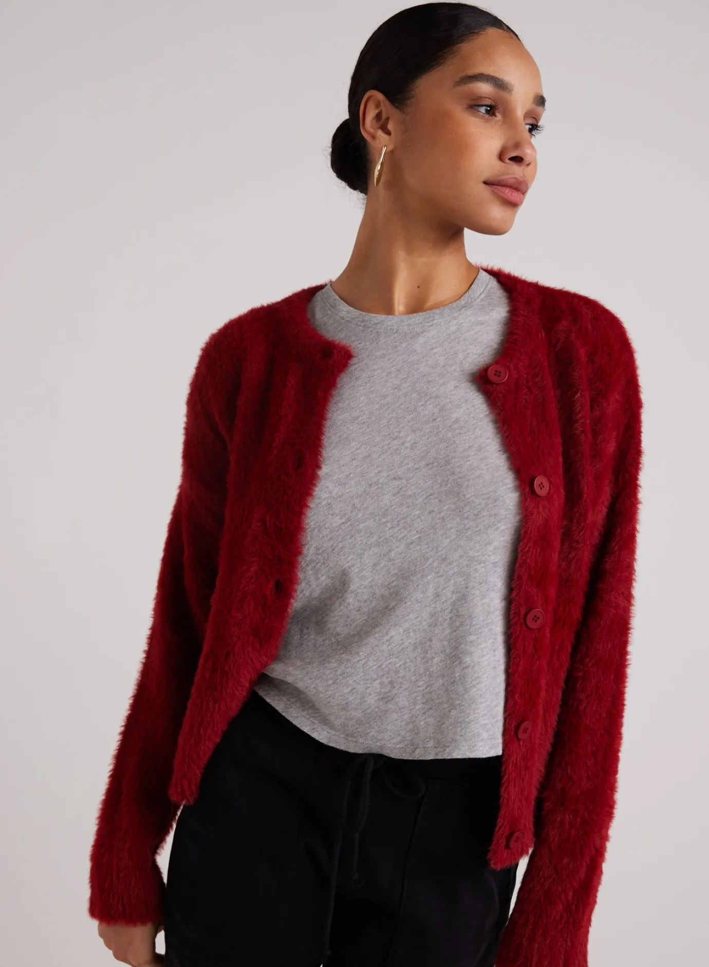 Bella Dahl Fuzzy Crew Neck Cardigan - Ruby Red- Sweaters