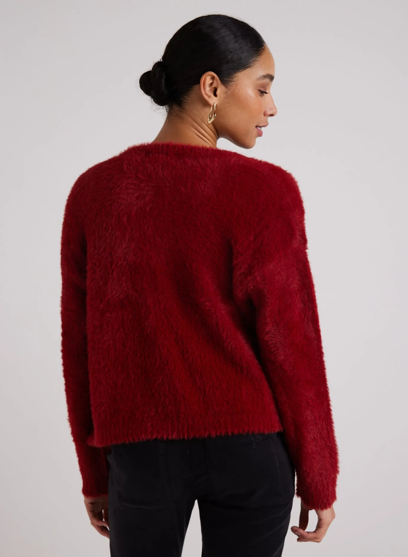 Bella Dahl Fuzzy Crew Neck Cardigan - Ruby Red- Sweaters