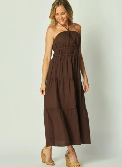 Bella Dahl Gathered Halter Midi Dress - Cocoa Cabana- Long Dresses