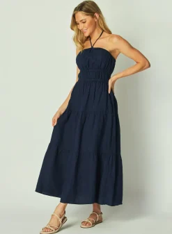 Bella Dahl Gathered Halter Midi Dress - Brazilian Navy- Long Dresses