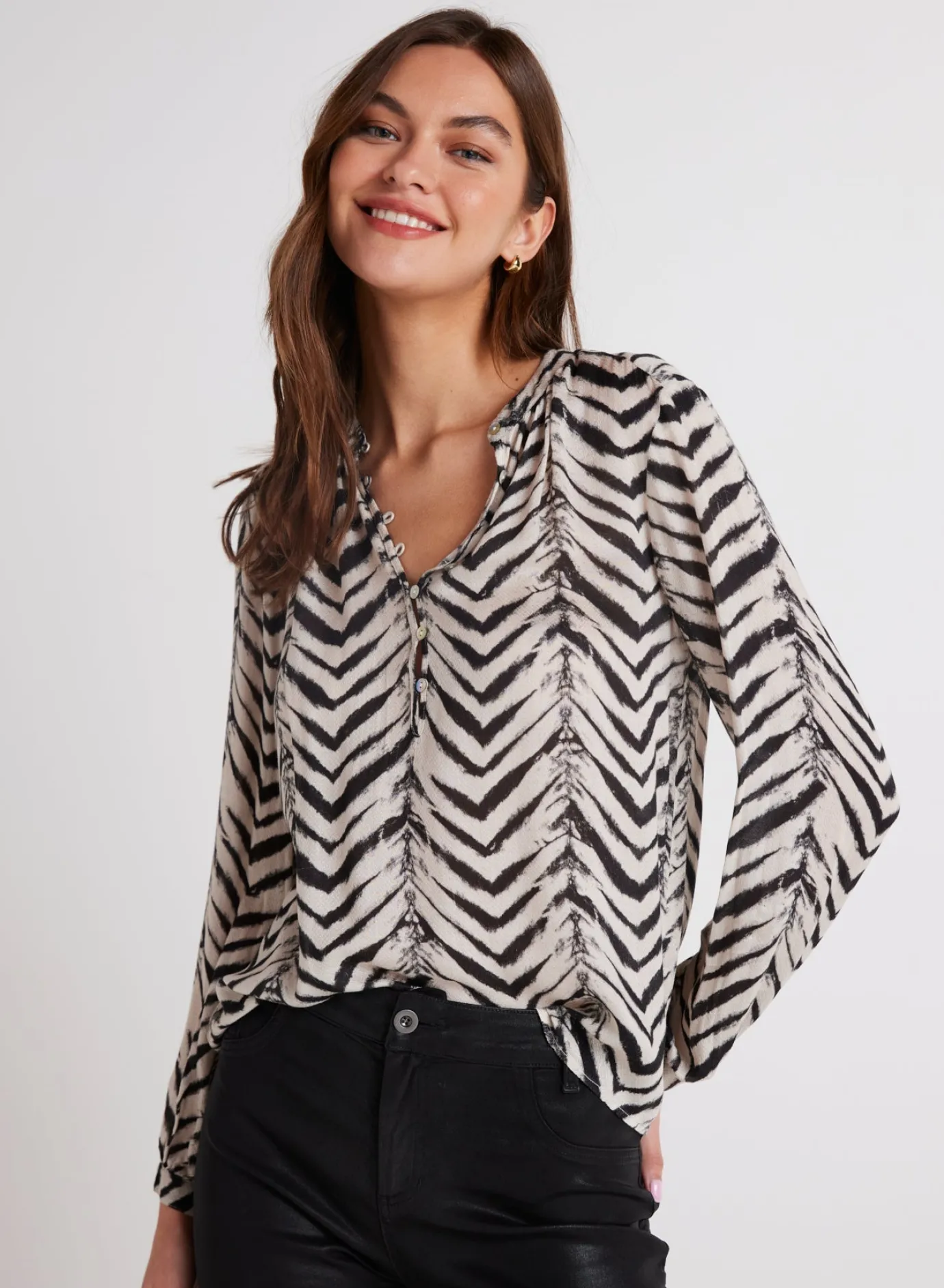 Bella Dahl Half Placket Pullover - Batik Chevron Print- Long Sleeve