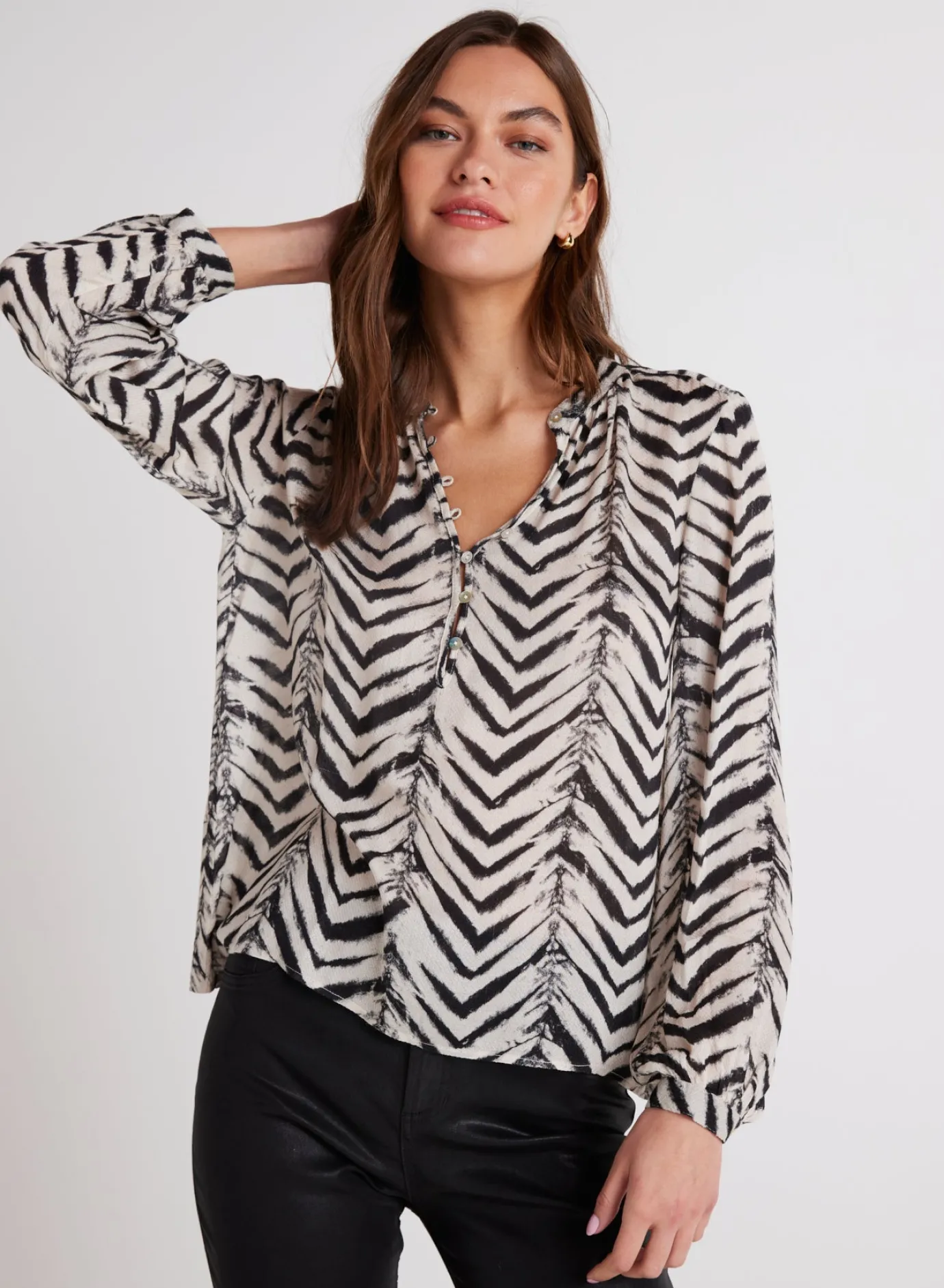 Bella Dahl Half Placket Pullover - Batik Chevron Print- Long Sleeve