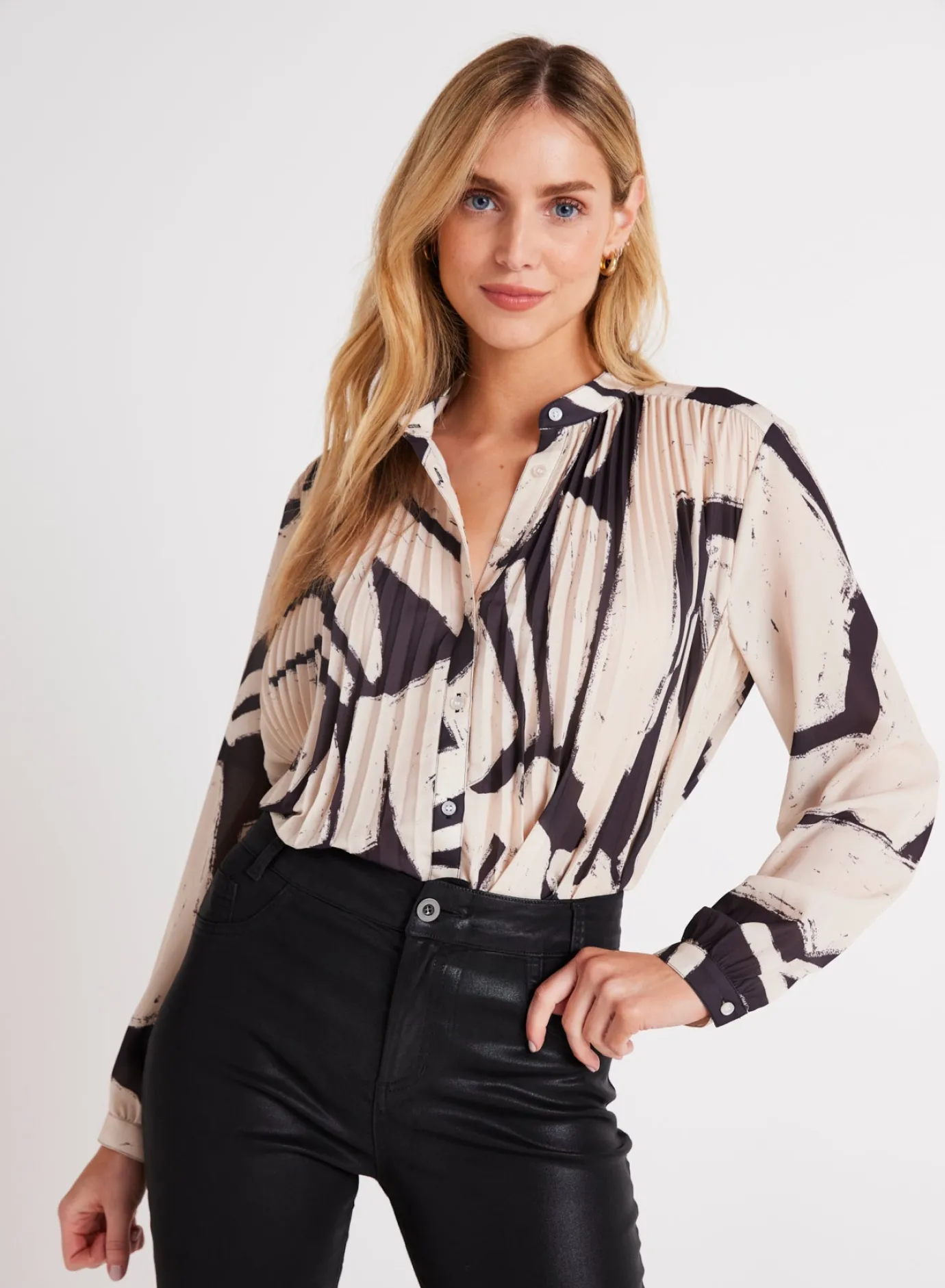 Bella Dahl Knife Pleat Button Down - Ivory Mosaic Print- Button Down