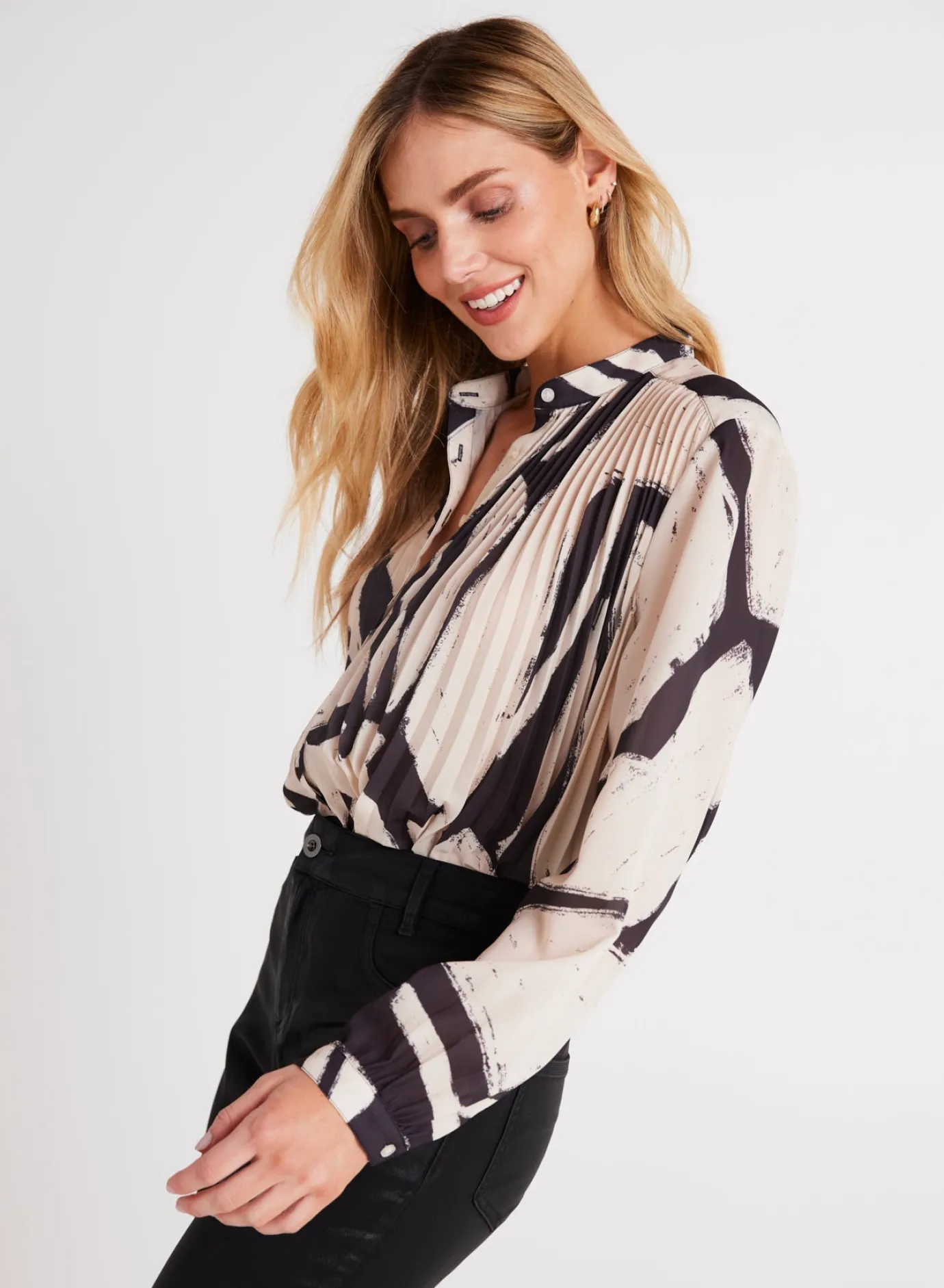 Bella Dahl Knife Pleat Button Down - Ivory Mosaic Print- Button Down