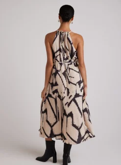 Bella Dahl Knife Pleat Halter Maxi Dress - Ivory Mosaic Print- Long Dresses