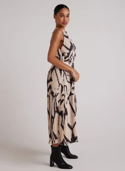 Bella Dahl Knife Pleat Halter Maxi Dress - Ivory Mosaic Print- Long Dresses