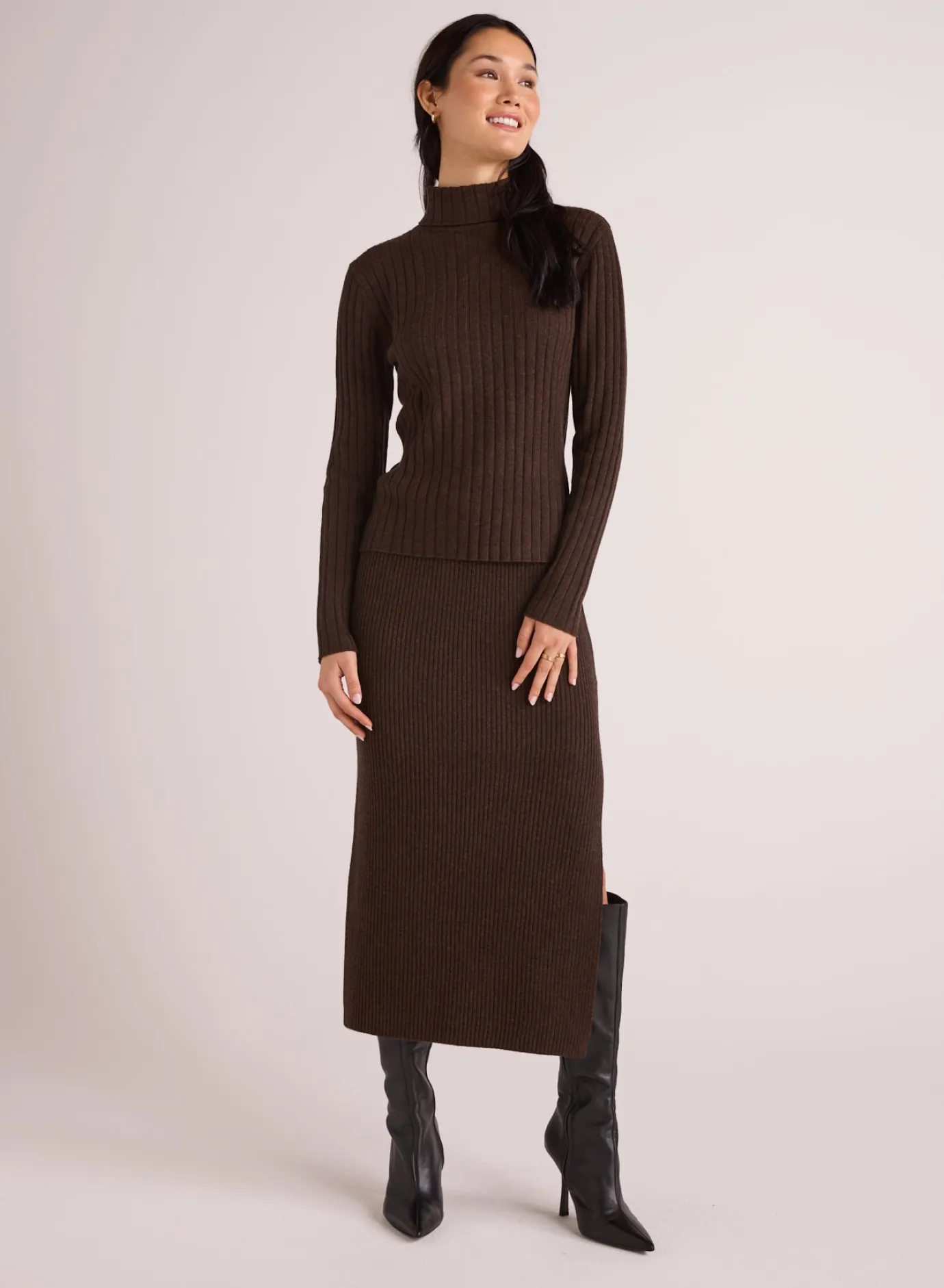 Bella Dahl Knit Skirt with Side Slit - Heather Brown- Skirts