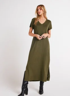 Bella Dahl Knit V-Neck Maxi Dress - Italian Herb- Long Dresses