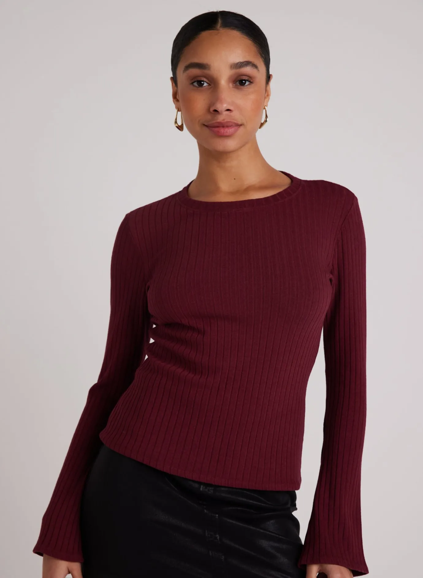 Bella Dahl Long Bell Sleeve Rib Crew Tee - Sweet Merlot- Long Sleeve