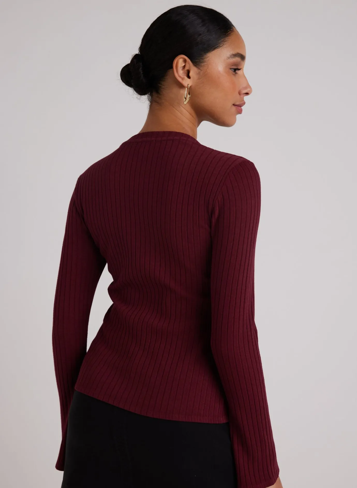 Bella Dahl Long Bell Sleeve Rib Crew Tee - Sweet Merlot- Long Sleeve