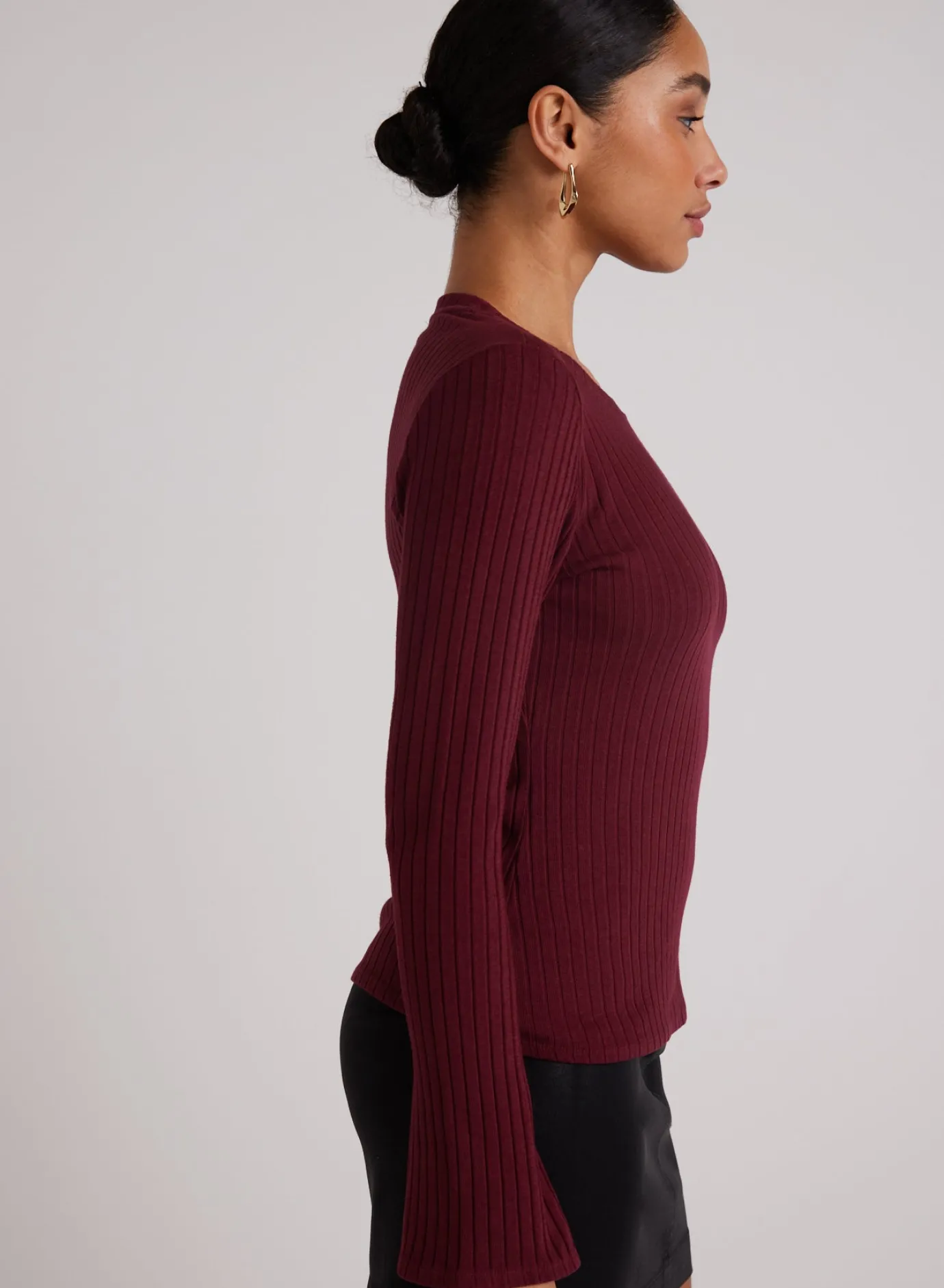 Bella Dahl Long Bell Sleeve Rib Crew Tee - Sweet Merlot- Long Sleeve