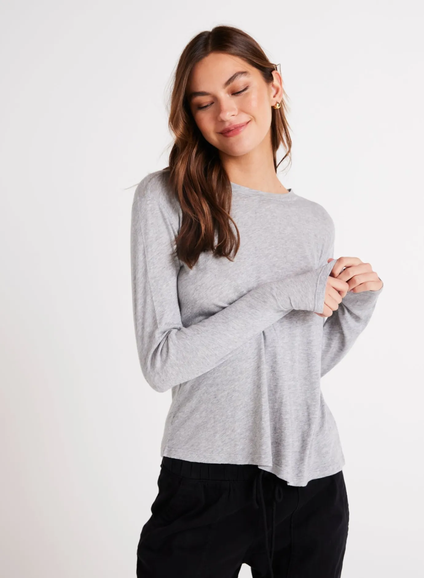 Bella Dahl Long Sleeve Crew Neck Tee - Heather Ash- Essentials Tops